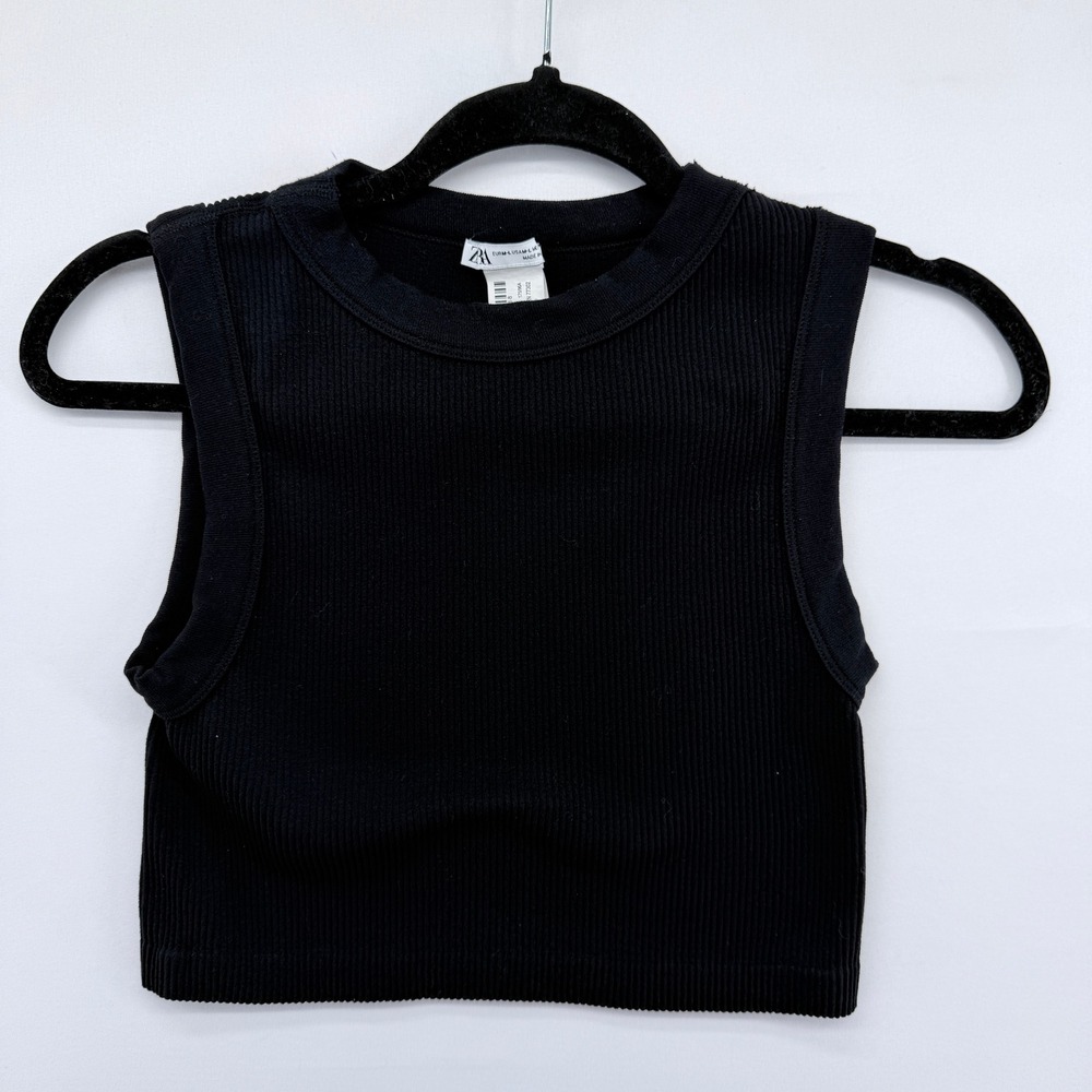 Zara Black Ribbed Knit Sleeveless Crop Top‎ Crew Neck Tank M-L